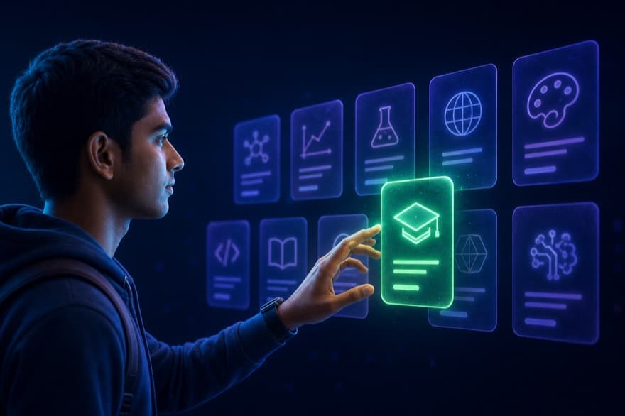Student choosing a glowing course card from the live Myndaq catalogue