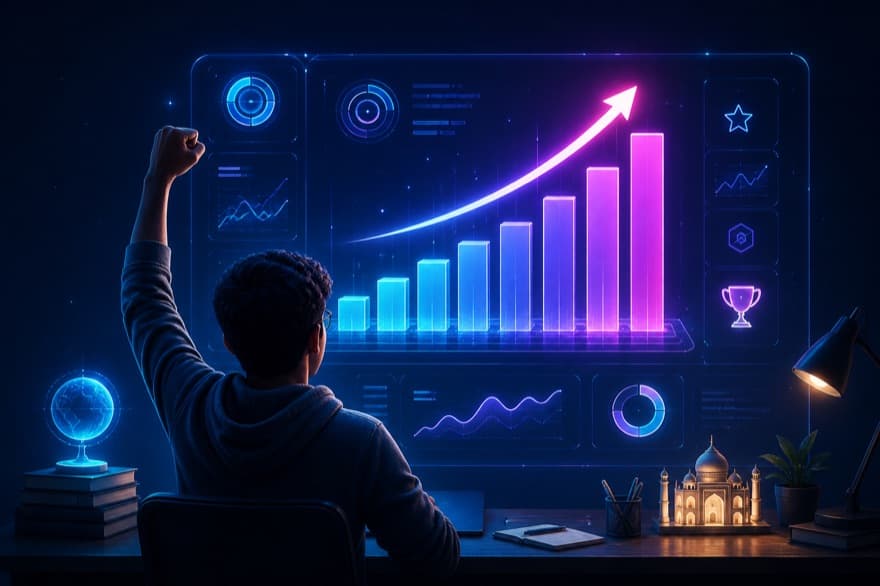 Student celebrating rising progress charts on a Myndaq analytics dashboard
