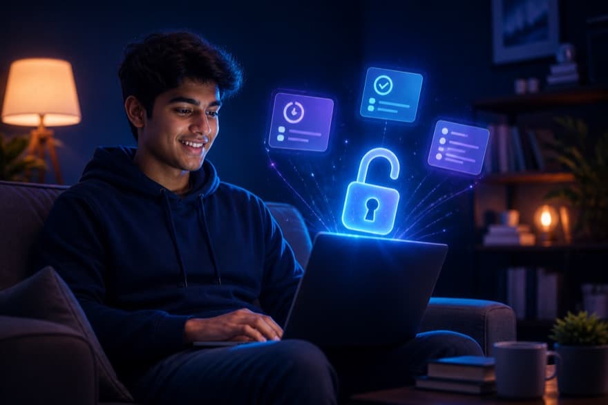 Student relaxing at home while starting a free Myndaq mock — no card, no paywall