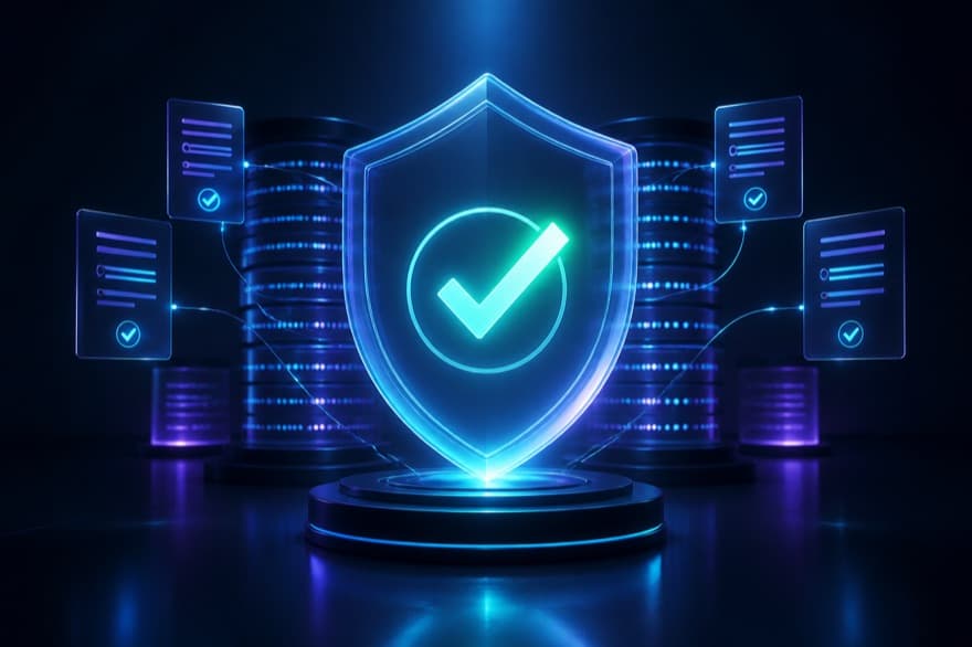 Glass shield with a verified checkmark in front of database columns — product truth at Myndaq