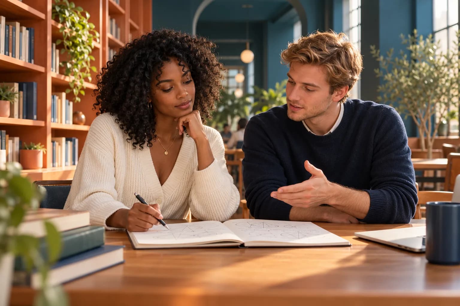 AI illustration of two international adult learners discussing a notebook in a library