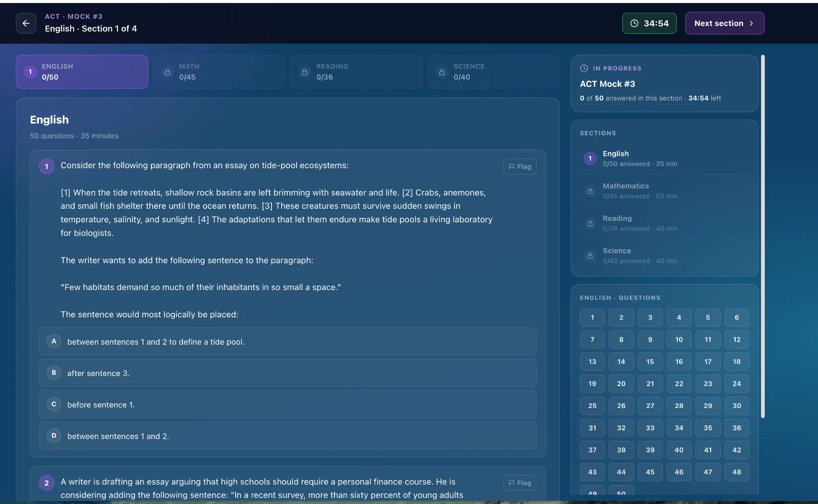 ACT full mock — English section with question palette and live timer