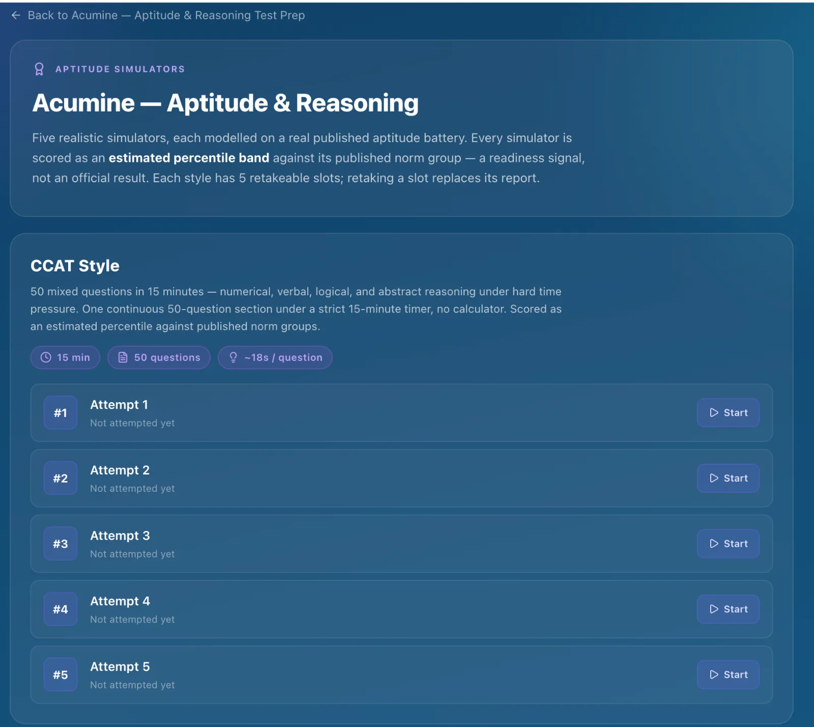 CCAT-style simulator — 50 questions in 15 minutes with five retakeable slots