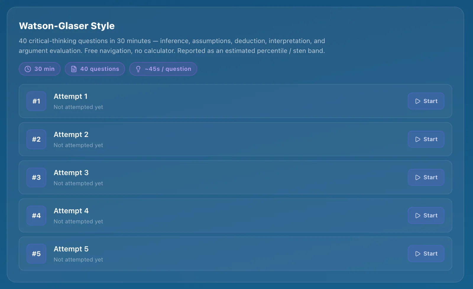 Watson-Glaser-style simulator — 40 critical-thinking questions in 30 minutes