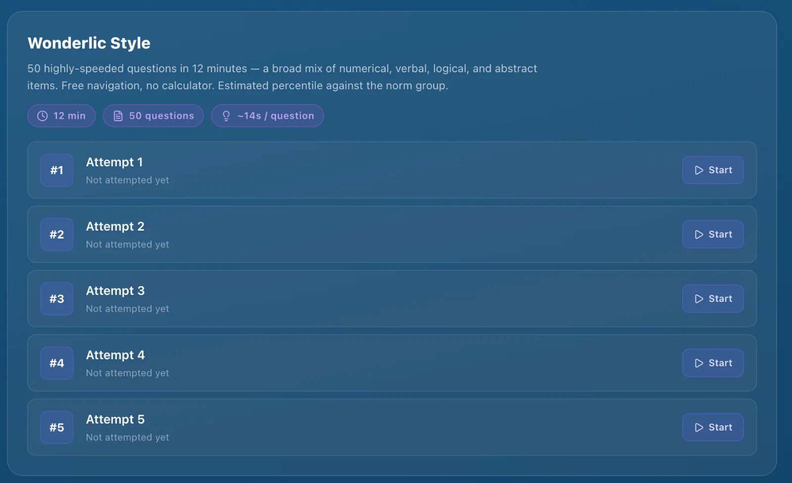 Wonderlic-style simulator — 50 highly-speeded questions in 12 minutes