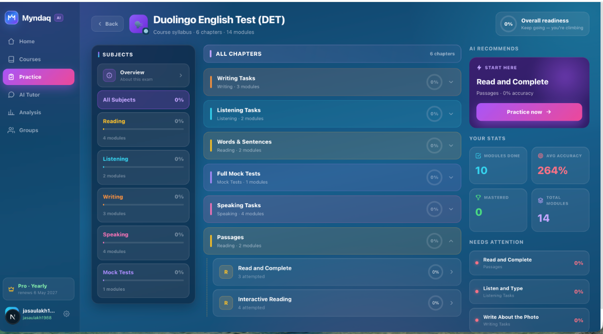 Duolingo English Test course inside Myndaq — six chapters from Words & Sentences to Full Mock Tests