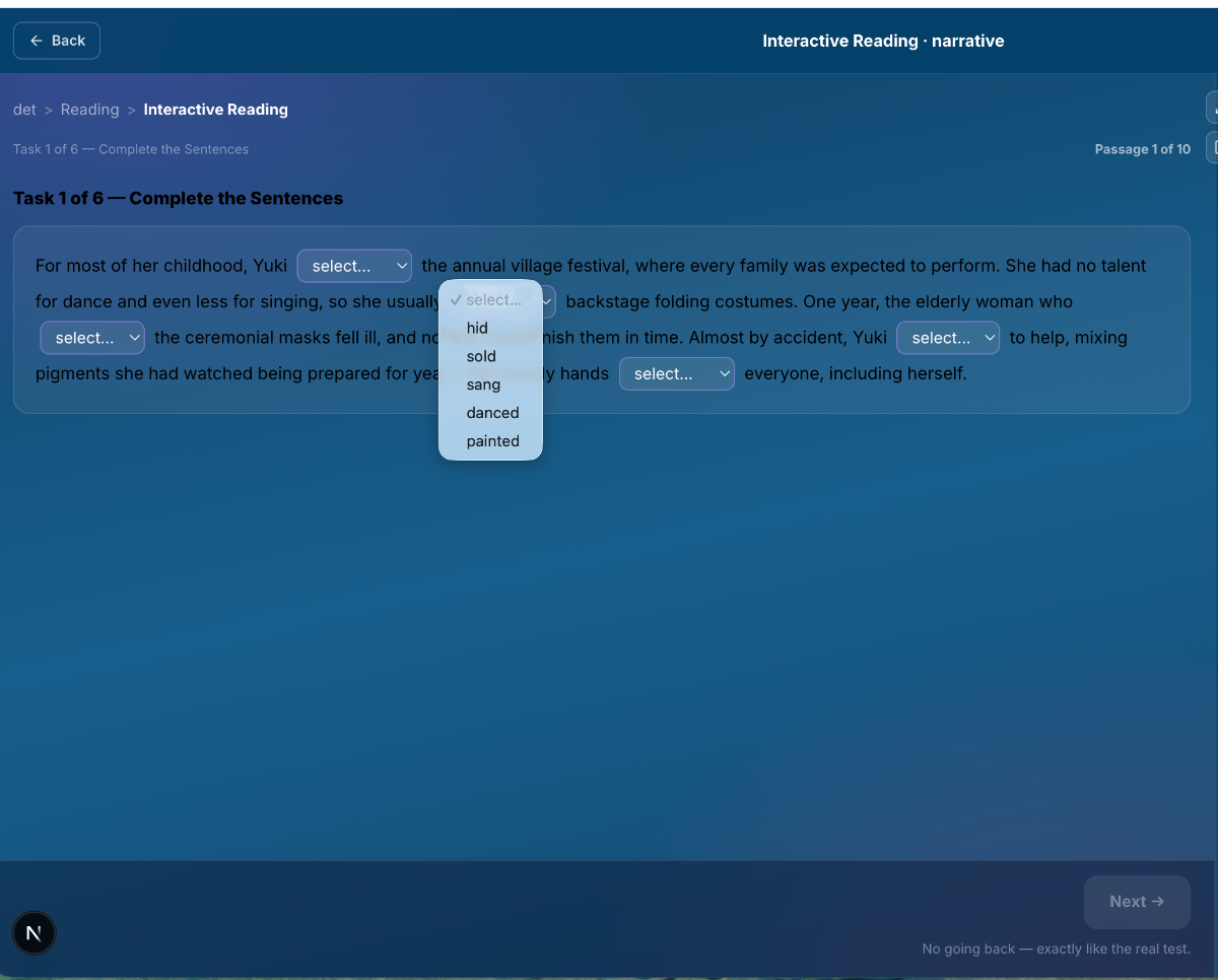 DET Interactive Reading — complete the sentences with dropdowns inside a real passage