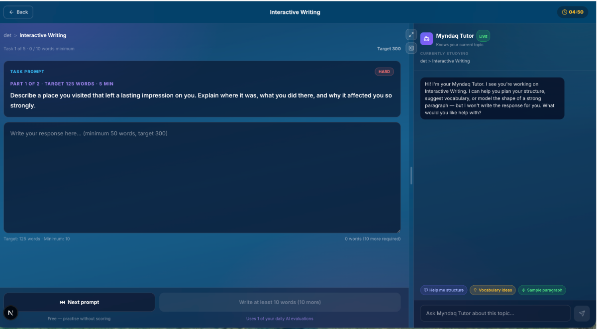 DET Interactive Writing task inside a timed mock — part 1 of 2 with a 5-minute timer