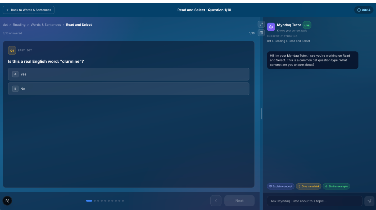 DET Read and Select question with the Myndaq Tutor open alongside, aware of the current topic