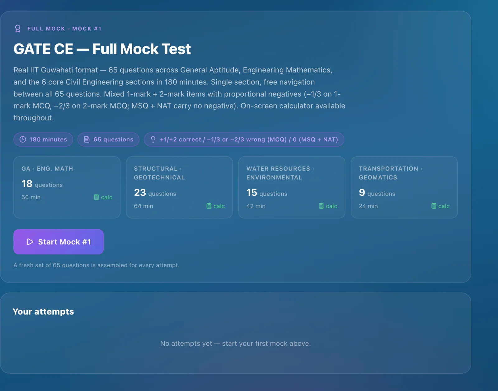 GATE CE full mock — 65 questions with sectional timing and calculator