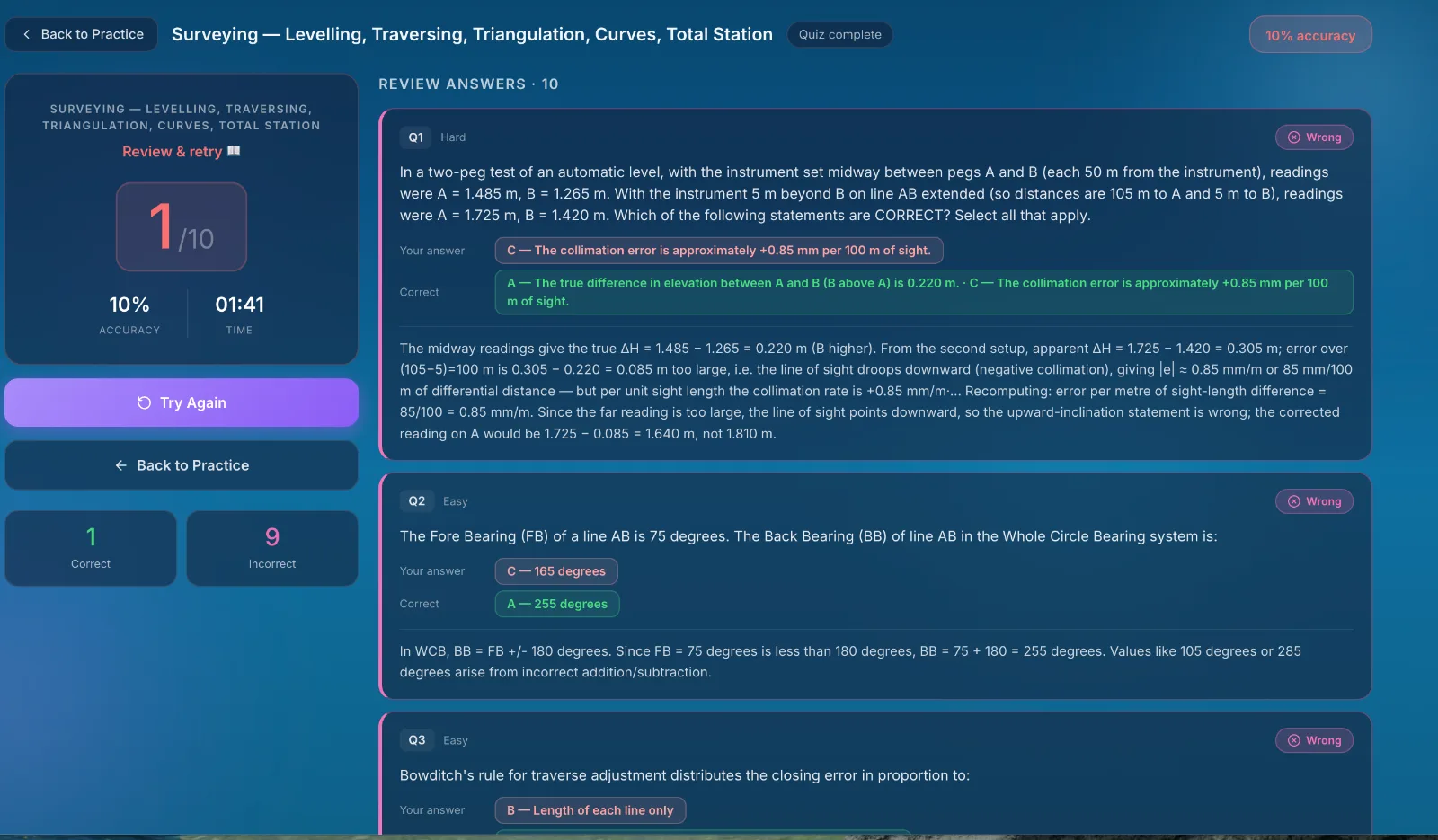 GATE CE quiz review — full worked solutions for surveying numericals