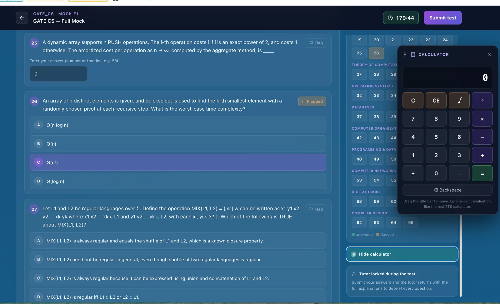 GATE CS full mock in progress — question palette and on-screen calculator
