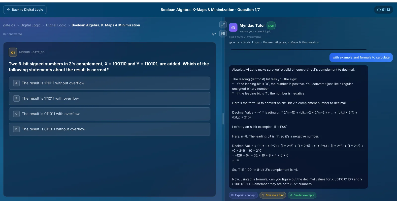 Myndaq AI Tutor explaining a GATE CS question
