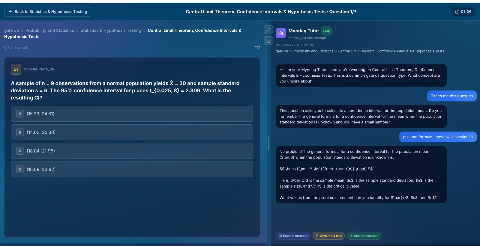 Myndaq AI Tutor deriving a confidence-interval formula step by step beside the question