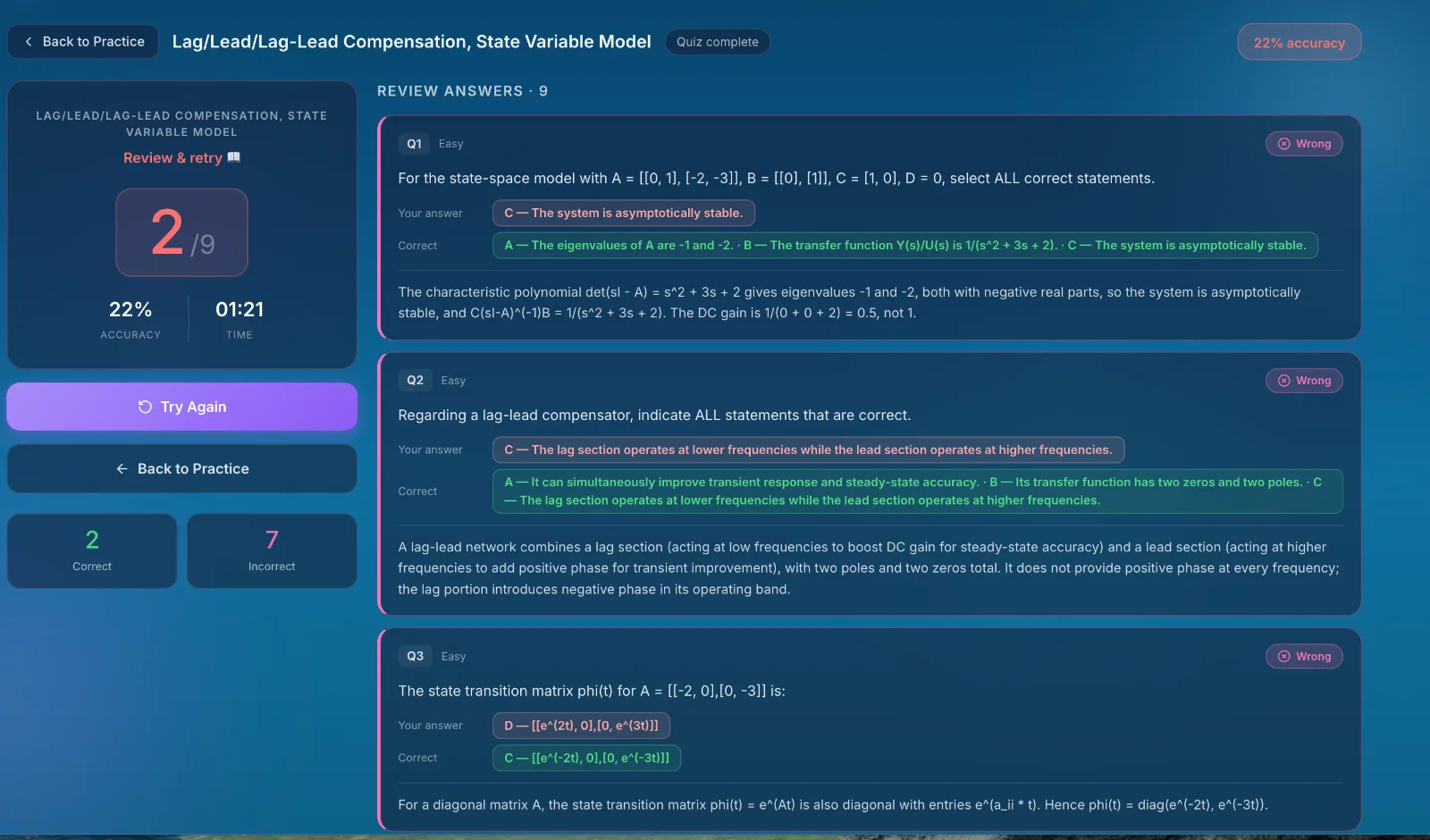 GATE EC quiz review — state-space MSQ with eigenvalues and transfer function worked out