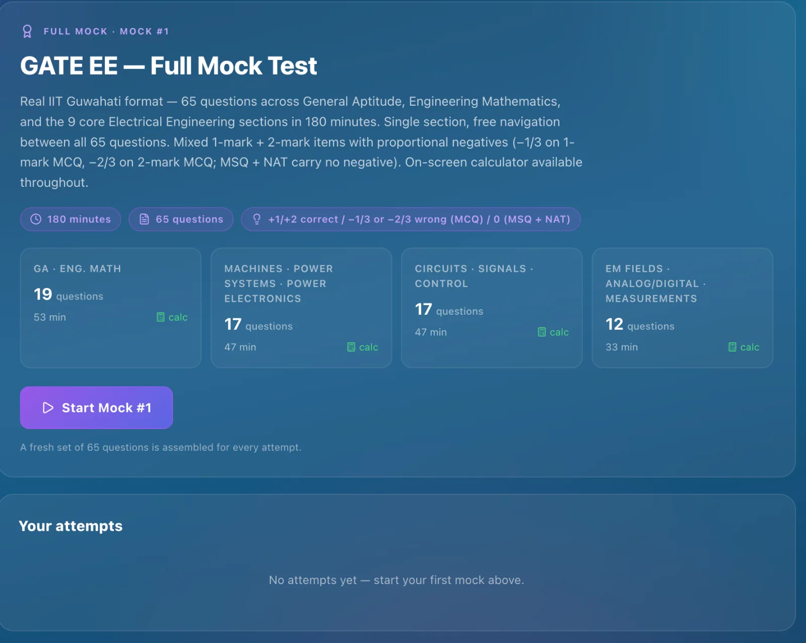 GATE EE full mock — 65 questions across ten sections with the calculator