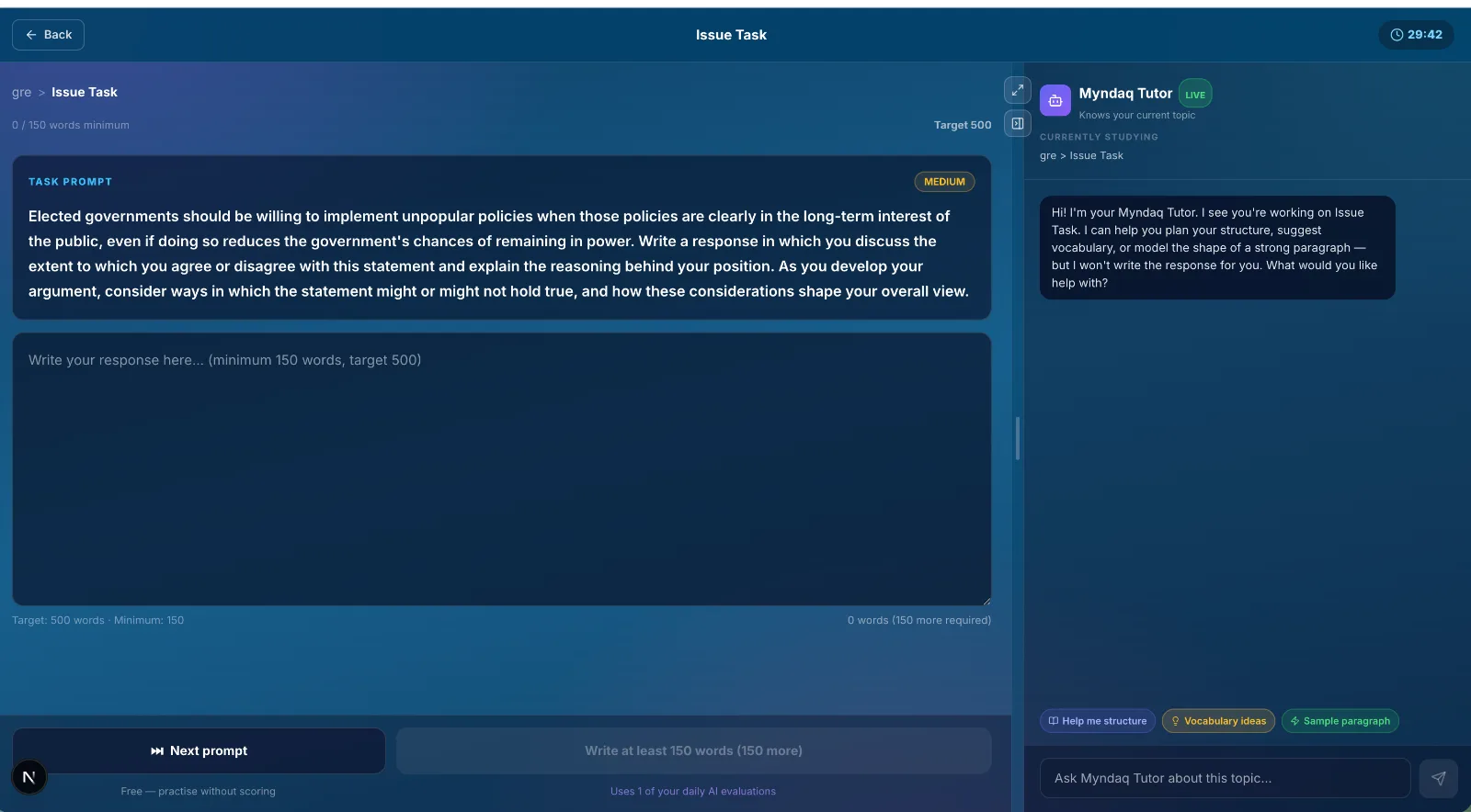 Myndaq AI Tutor helping plan a GRE Analytical Writing Issue essay