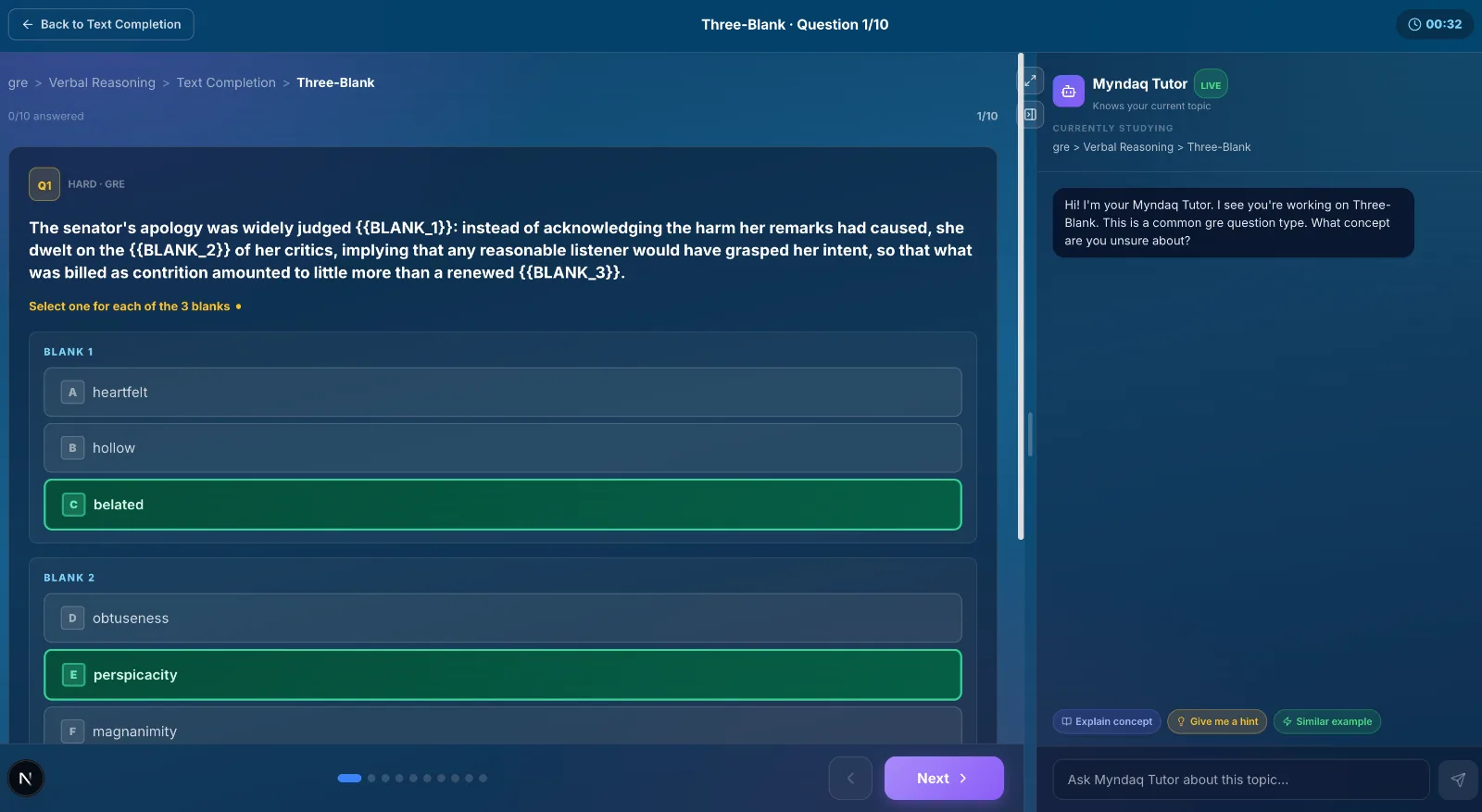 A GRE three-blank Text Completion question with the tutor alongside