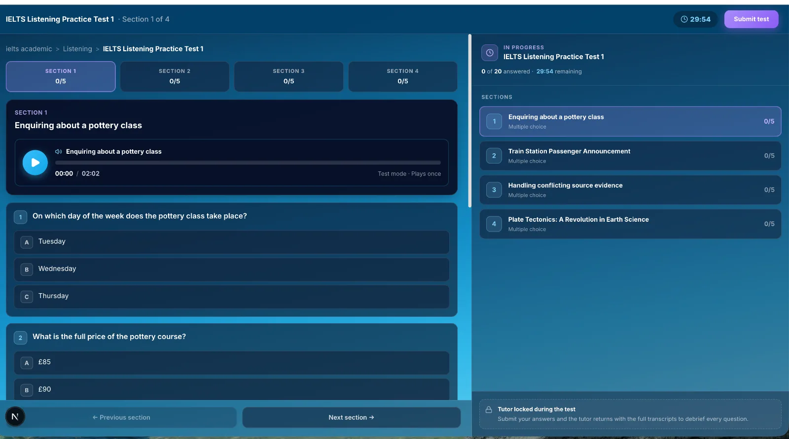 IELTS Listening practice test with audio player and section navigator
