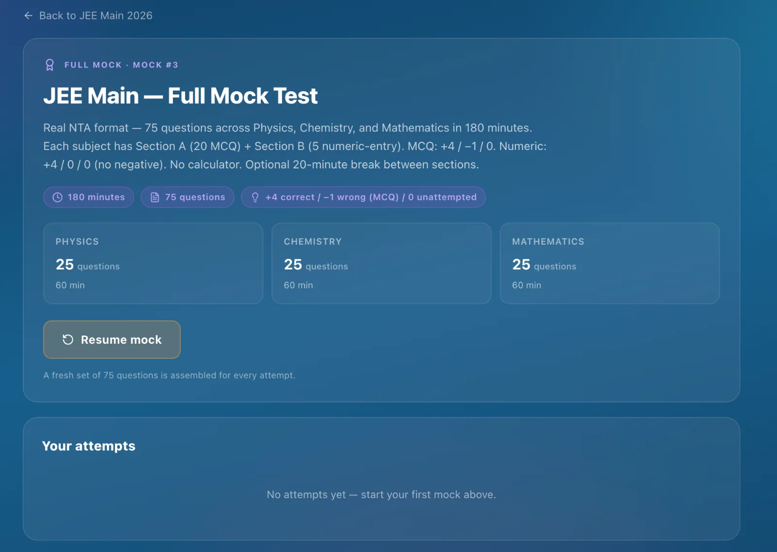 JEE Main full mock test launcher — 75 questions, NTA marking, section timing