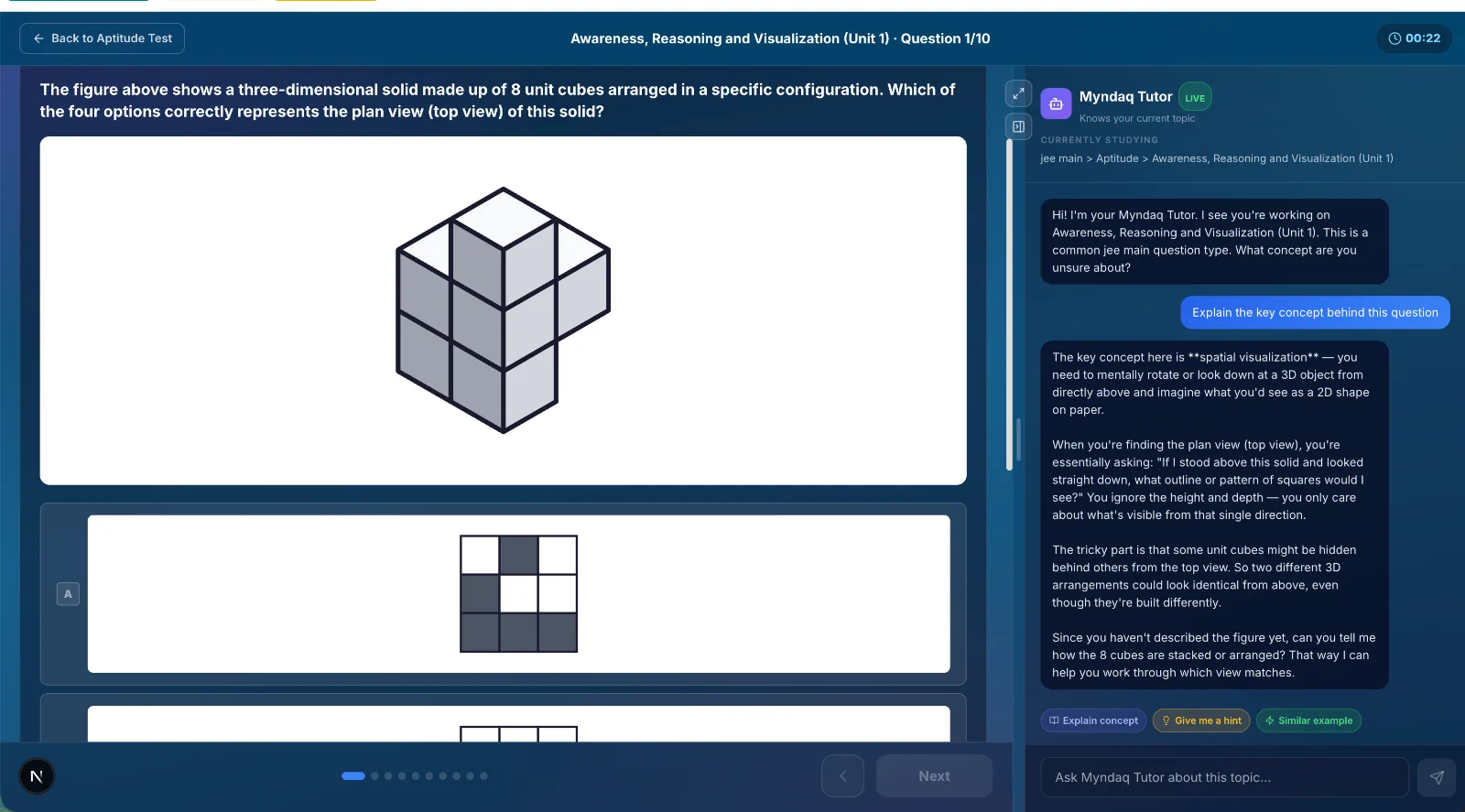 JEE Main spatial reasoning question with the Myndaq AI Tutor alongside