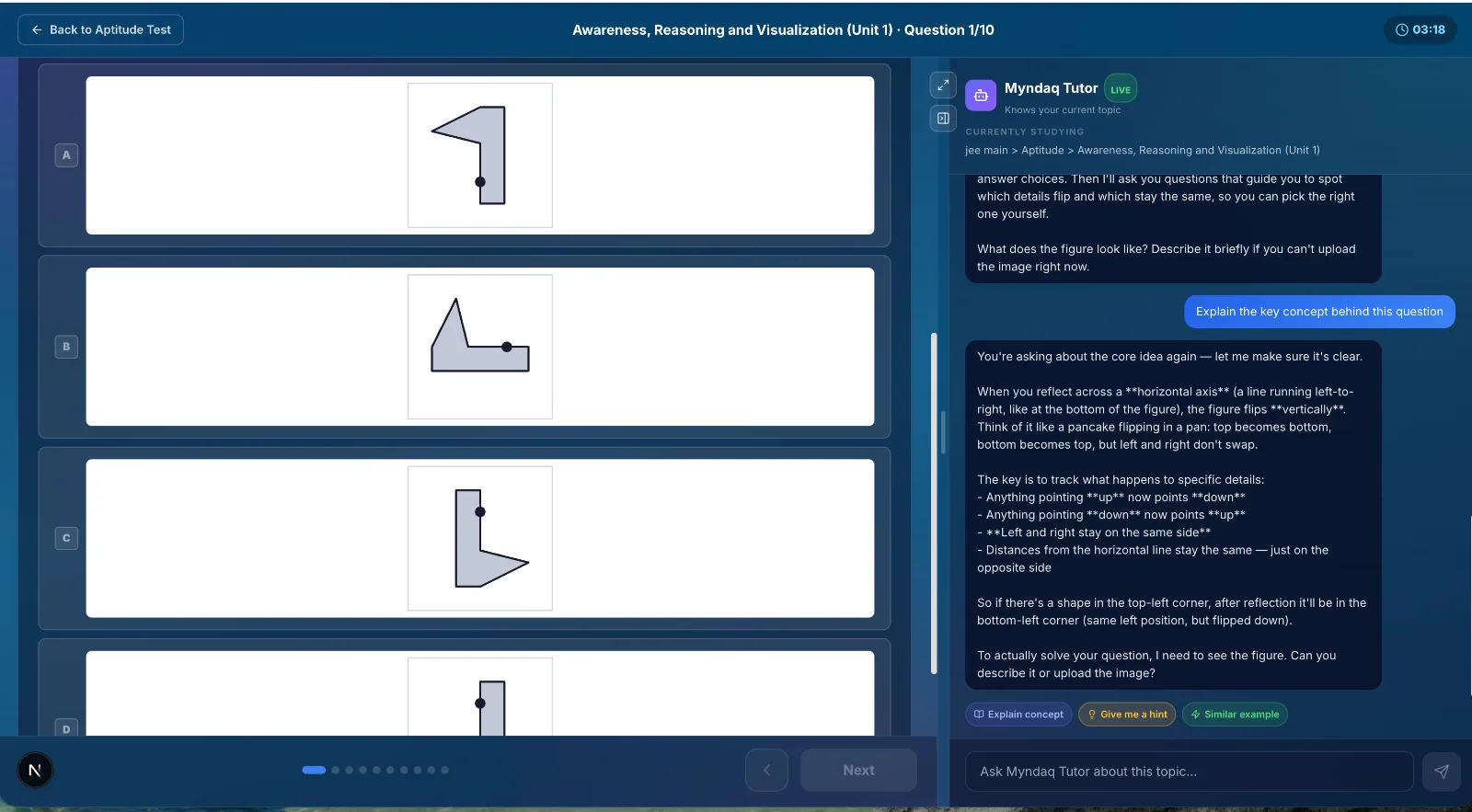 Myndaq AI Tutor explaining the concept behind a JEE question, step by step