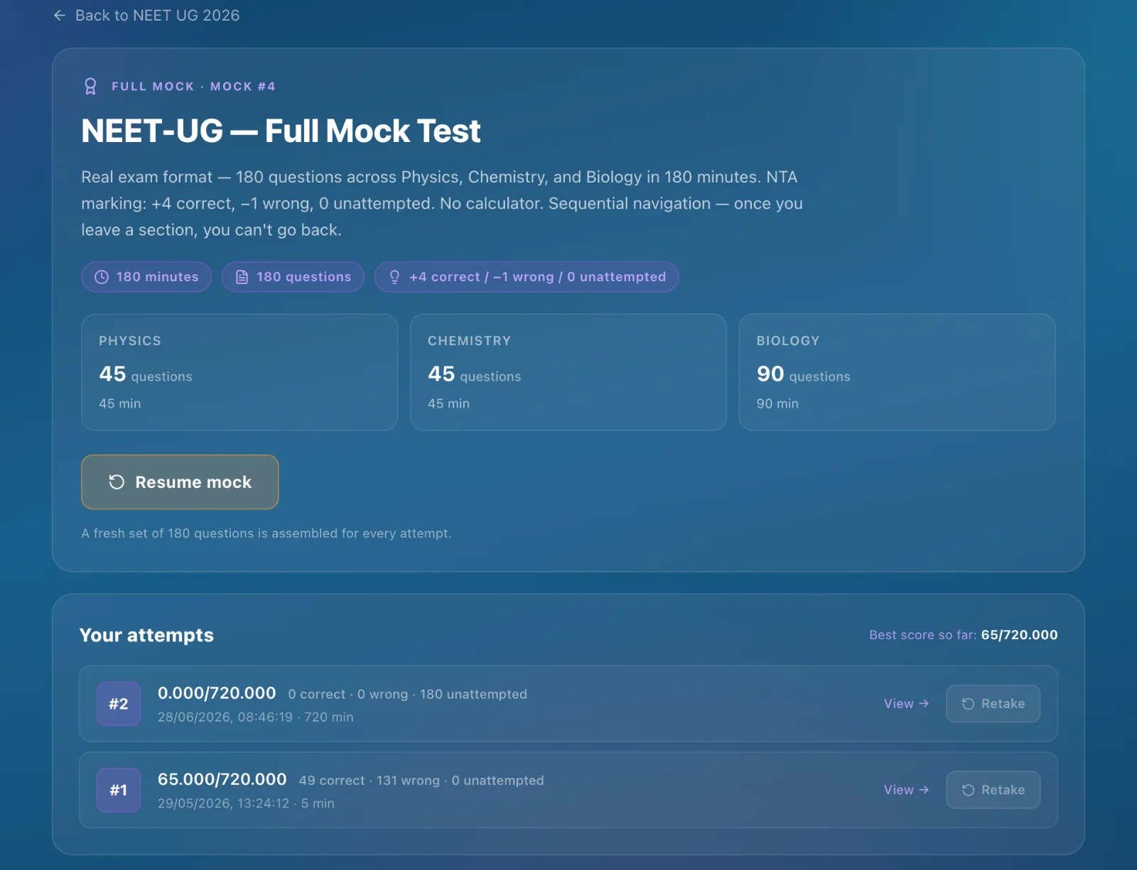 NEET full mock test launcher — 180 questions, NTA marking, section timing