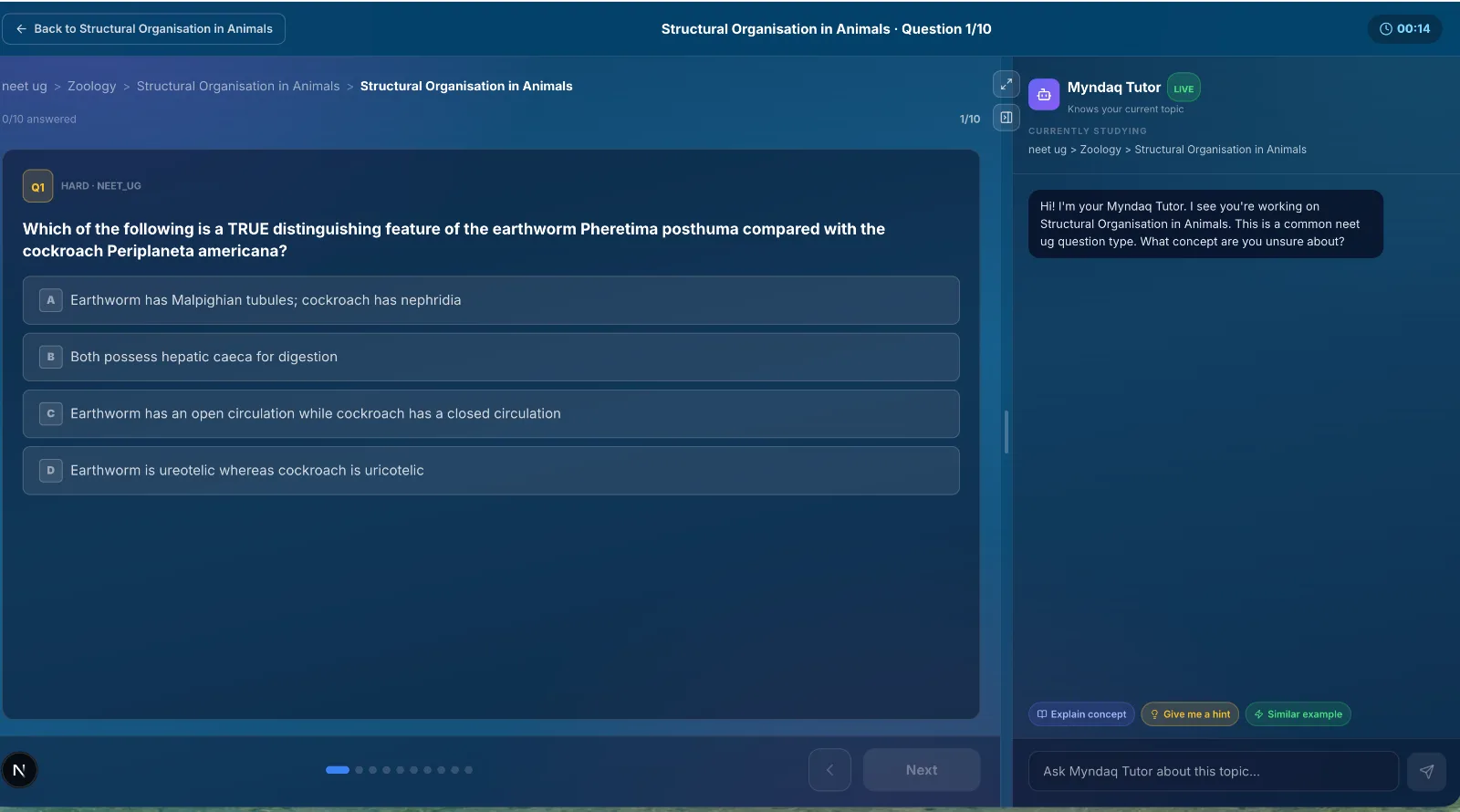 Myndaq AI Tutor beside a NEET question