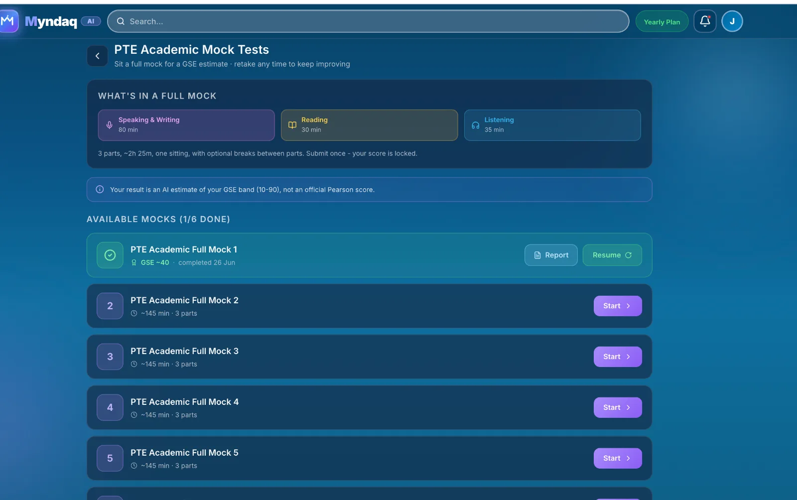 PTE Academic full mock tests — three parts, GSE estimate, timed