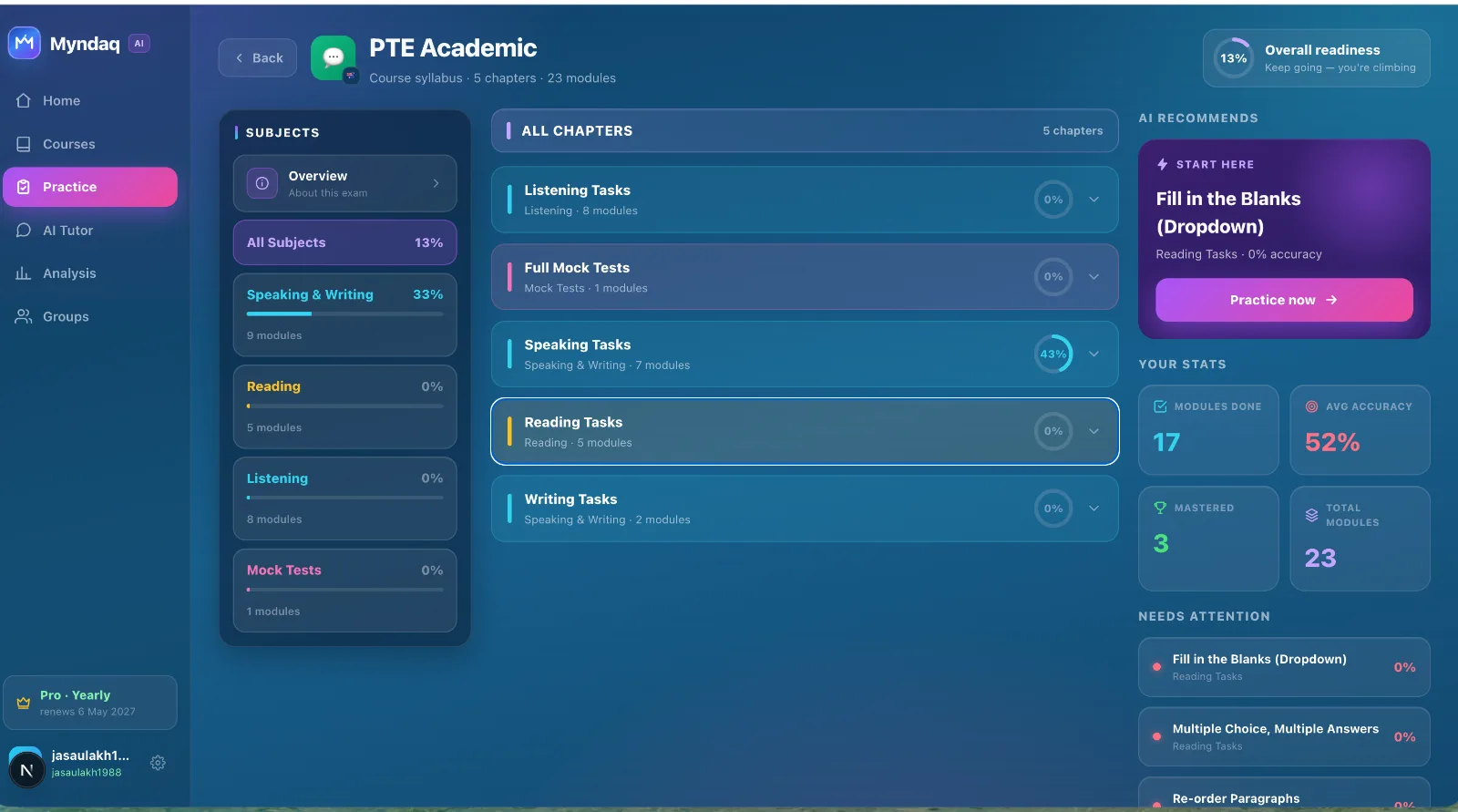 PTE Academic course inside Myndaq — task types, stats and AI recommendations