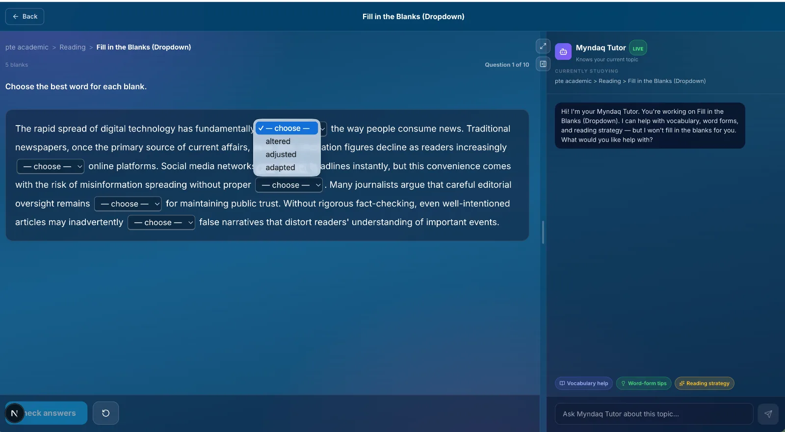 PTE reading task with the Myndaq Tutor alongside