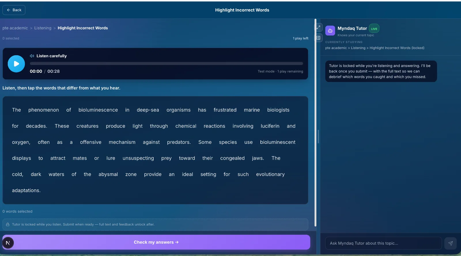 PTE Highlight Incorrect Words listening task in Myndaq