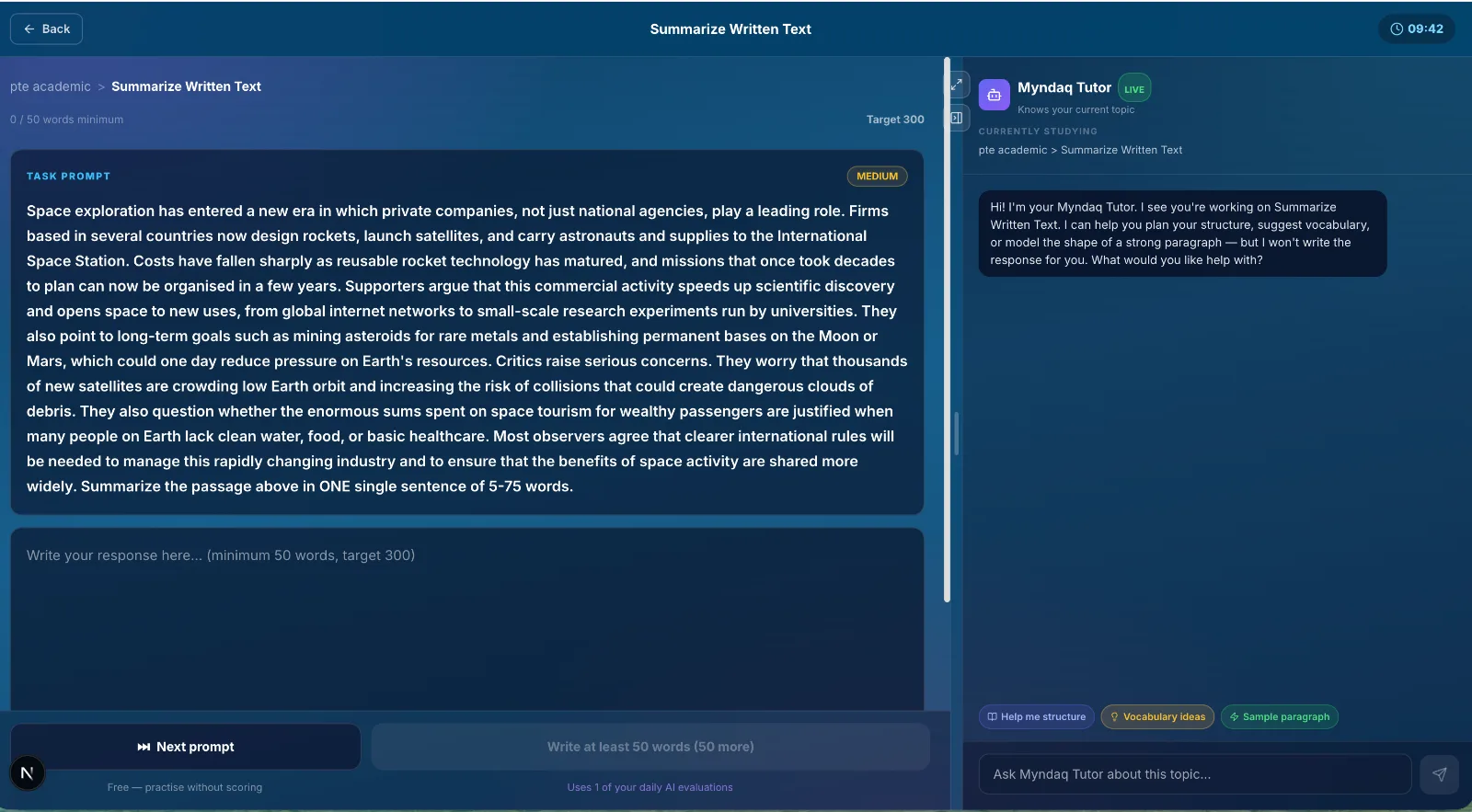 PTE Summarize Written Text writing task in Myndaq