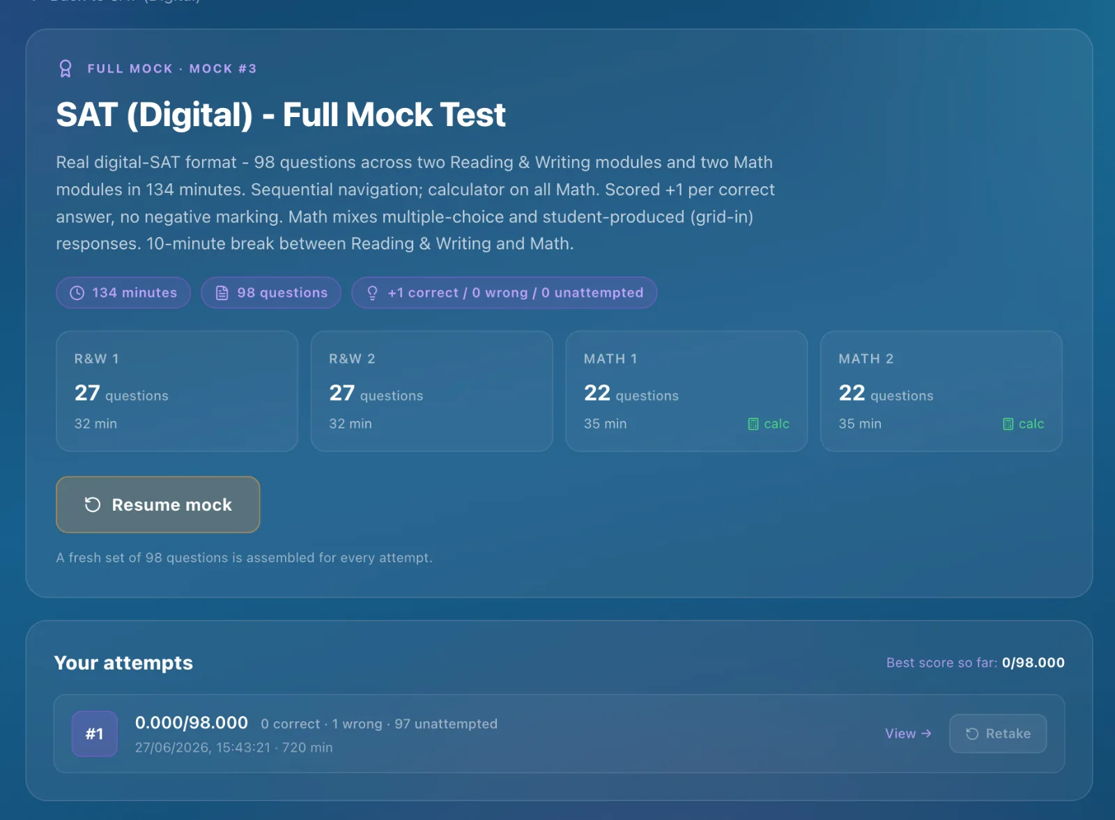 SAT full mock launcher — R&W and Math modules with calculator flags