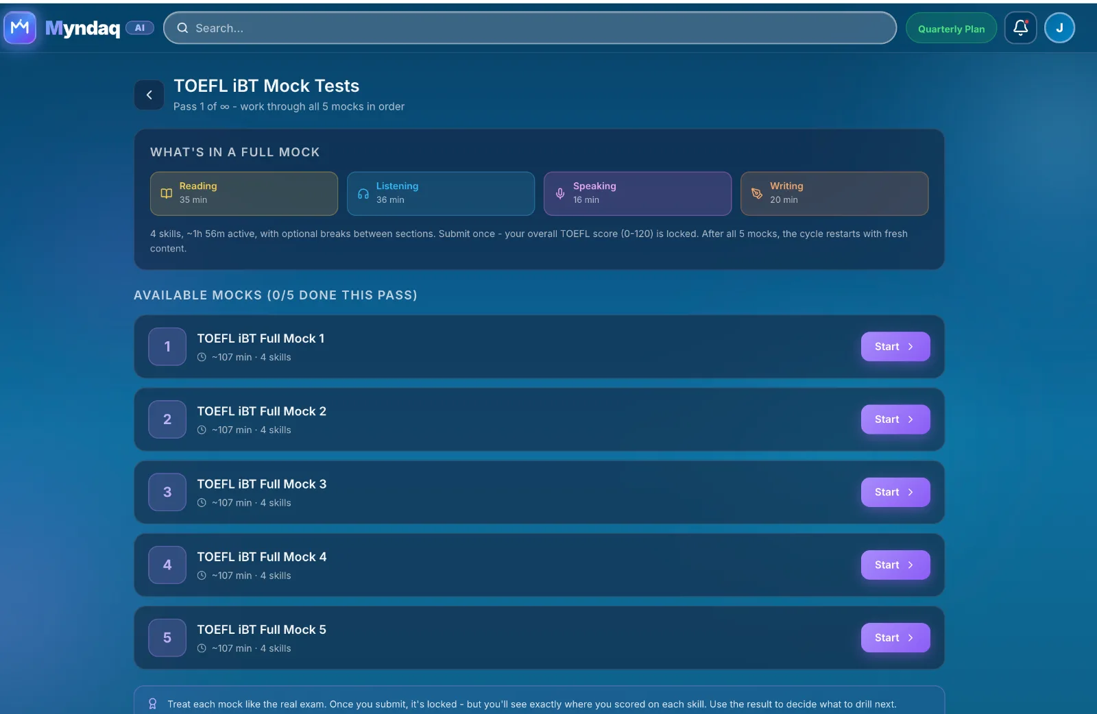 TOEFL iBT full mock tests — four skills, timed