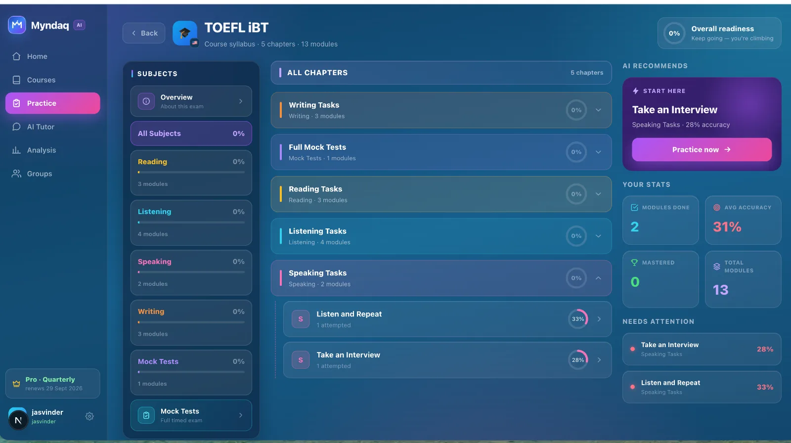 TOEFL iBT course inside Myndaq — four skills, stats and AI recommendations