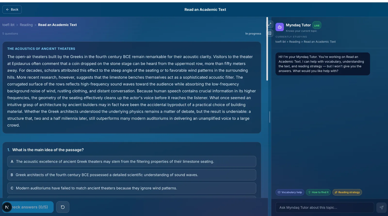 TOEFL reading passage with the Myndaq Tutor alongside