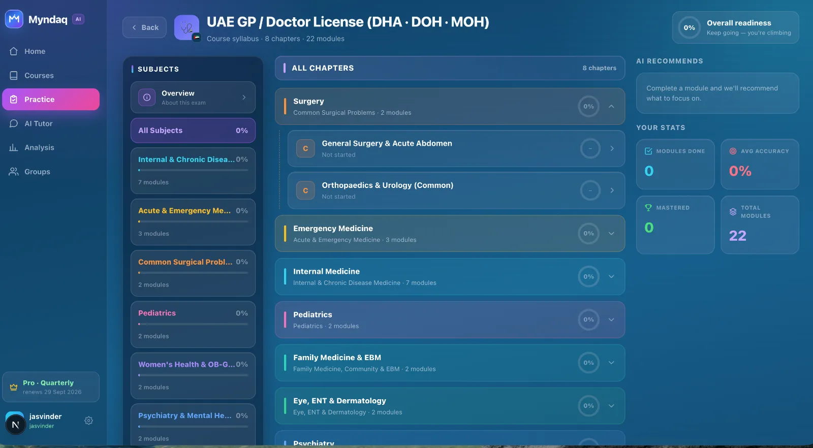 UAE GP / Doctor License course inside Myndaq — syllabus, chapters and stats