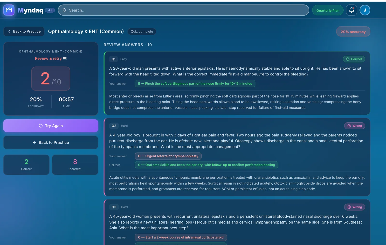 Quiz review — every answer explained with guideline reasoning, correct and wrong